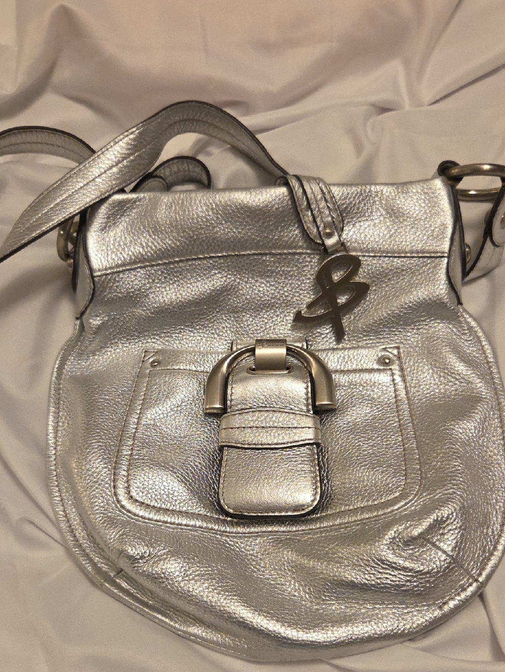 Metallic Silver Leather Shoulder Bag with Buckle Accent